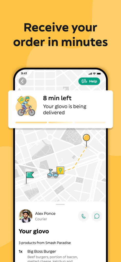 Glovo: Food Delivery, Takeaway - Interfaccia dell'app mobile Glovo che mostra una mappa di consegna in tempo reale e lo stato dell'ordine.