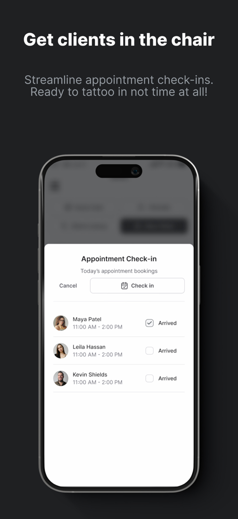 Tattoo Studio Pro - Tattoo Studio Pro mobile app interface showing a list of daily client appointments for streamlining check ins