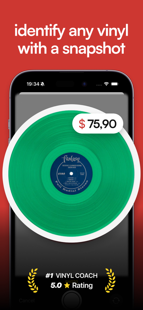 Vinyl Snap - Smartphone using Vinyl Snap app to scan a green vinyl record and display its market price