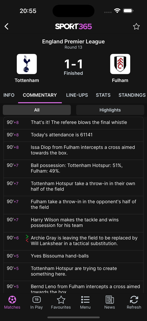 Sport365.com Live Score & News - Sport365 app screen showing live soccer match commentary and scores in dark mode