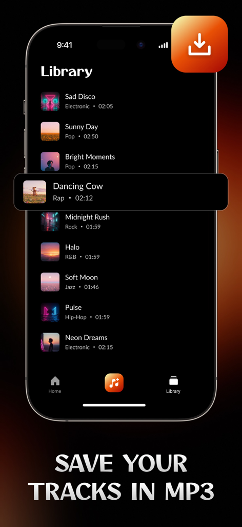 Melora: AI Music Generator - The library screen of the Melora AI Music Generator app showing a list of generated songs and an option to save tracks in MP3 format.