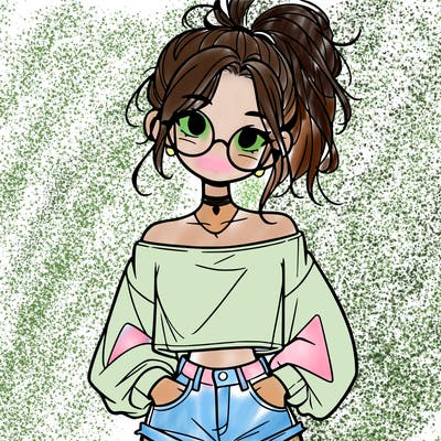 girl with a messy ponytail glasses a baggy crop top and jean shorts