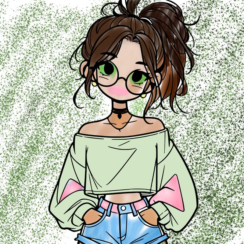 girl with a messy ponytail glasses a baggy crop top and jean shorts