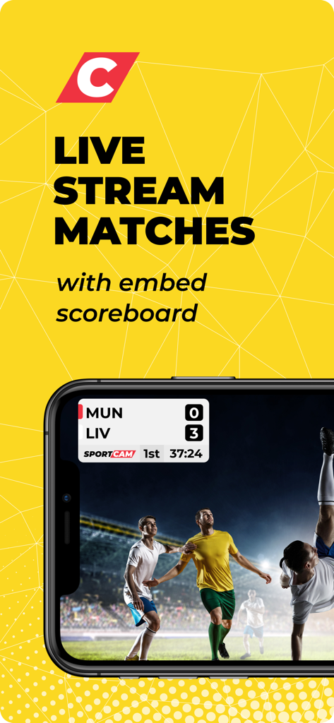 Smartphone che mostra una partita di calcio dal vivo con un tabellone segnapunti digitale professionale sovrapposto.