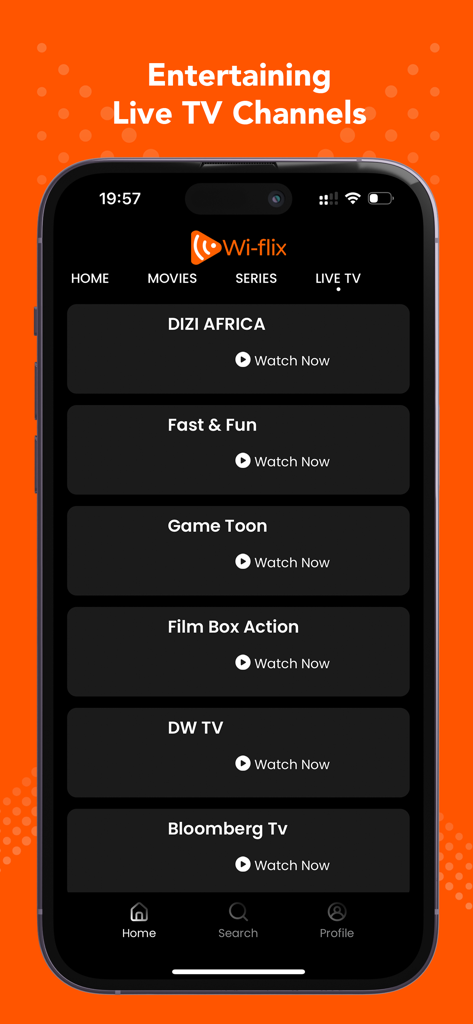 Wi-flix - Interfaz de la aplicación móvil Wi-flix mostrando una lista de canales de TV en vivo, incluyendo Dizi Africa y Bloomberg TV.