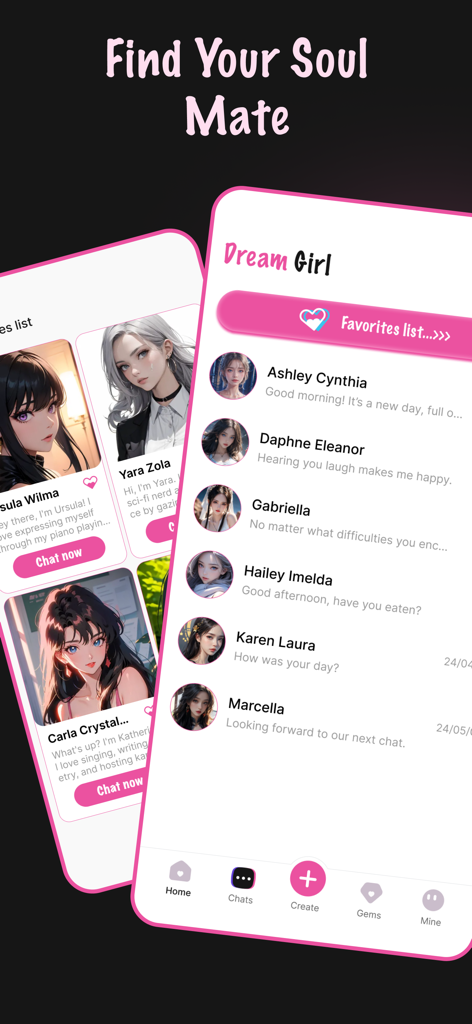 Interface of the Dream Girl app showing a list of various AI character personas with anime-style profile pictures and chat options