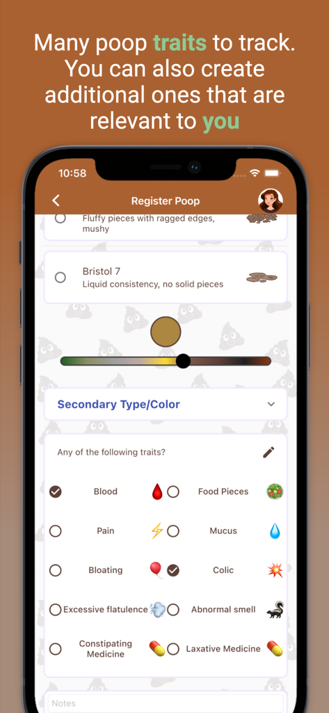 Happy Poop: Toilet Journal Log - Interface of the Happy Poop app for logging stool characteristics and digestive health symptoms.