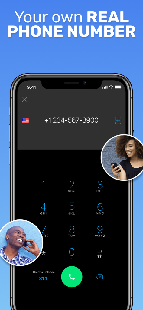 Text Me app interface displaying a dial pad and a custom US phone number