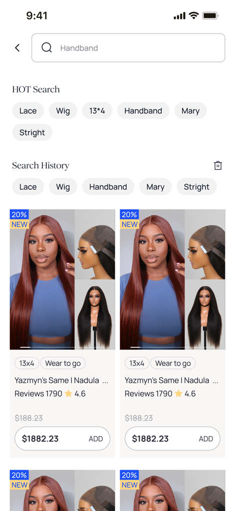 Nadula Wig - Mobile app search interface for Nadula Wig showing trending search terms and human hair wig product listings with prices and ratings.