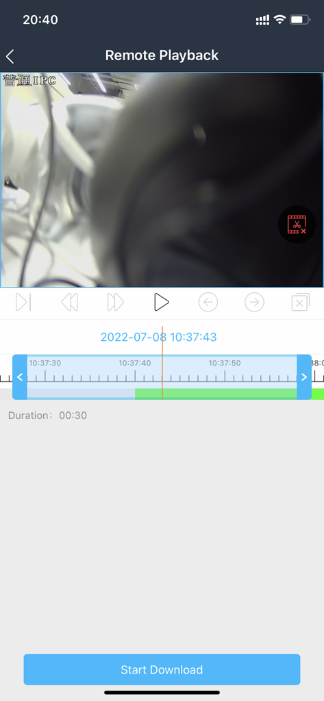 Écran de lecture à distance de l'application SuperLive Plus montrant une chronologie de vidéo de surveillance et un bouton de téléchargement
