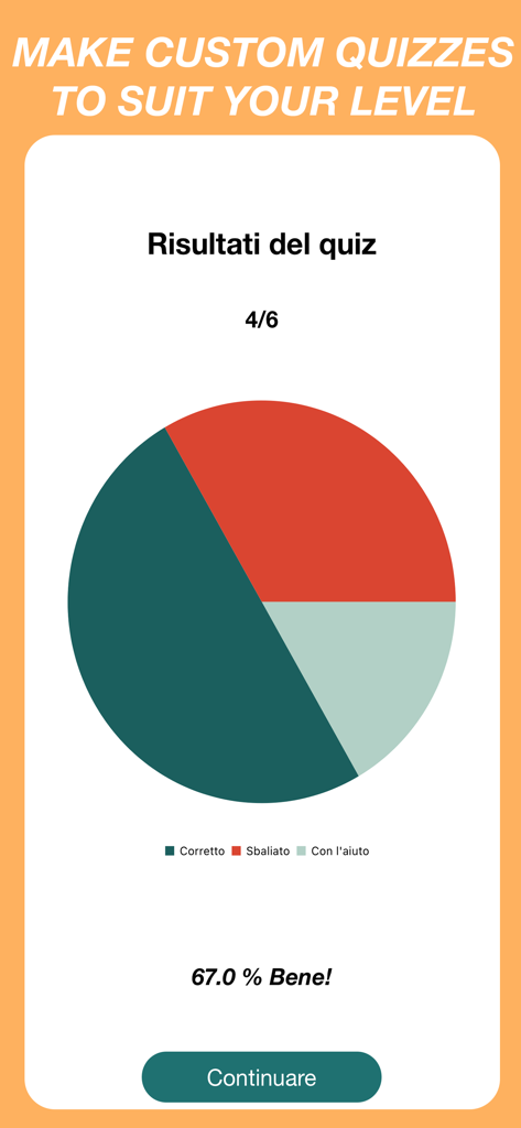 A quiz results screen in the Italian Verbs Quiz app showing a pie chart with correct, incorrect, and helped answers and a score of 67 percent.