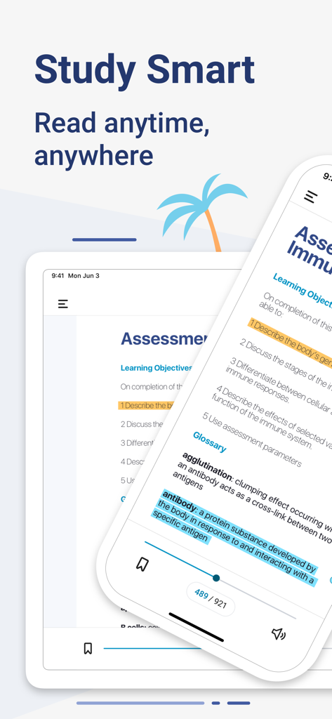 スマートフォンとタブレットに表示されたBookshelfアプリ、デジタル教科書にハイライトされたテキストと学習ツールが表示されています