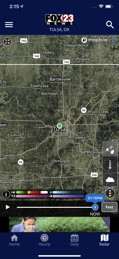 FOX23 Weather - Interactive weather radar map of Tulsa Oklahoma on the FOX23 Weather app interface.
