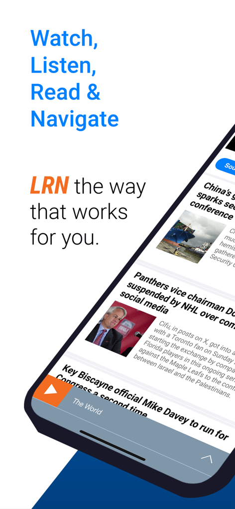 WLRN Public Media - Smartphone showing the WLRN Public Media app with news articles and a media player