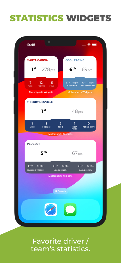 iOS home screen displaying custom motorsport driver and team statistics widgets