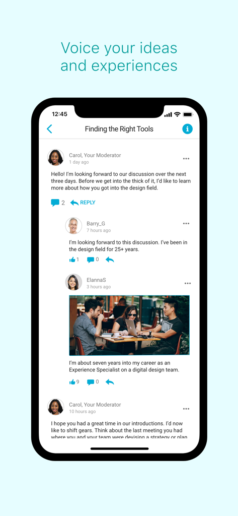 Ipsos Community Direct - Interface of the Ipsos Community Direct app showing a moderator led discussion board with user replies