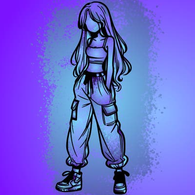 girl in baggy pants crop top and long hair