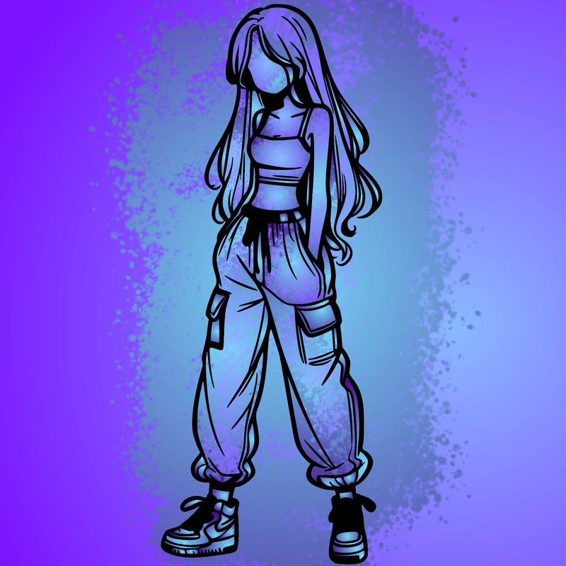 girl in baggy pants crop top and long hair