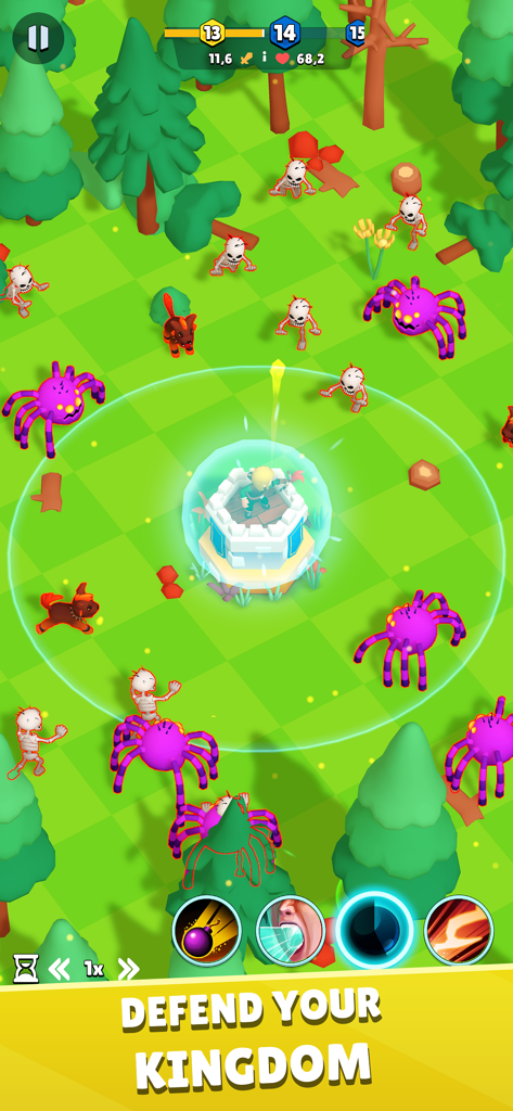 Archer hero defending a central tower from waves of purple spiders and skeletons in Idle Archer RPG.