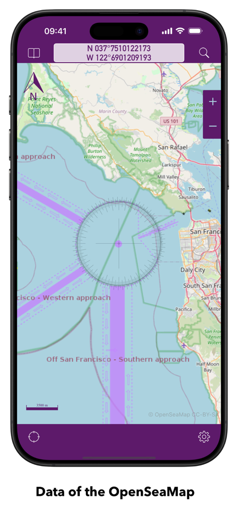 OpenSeaMap - OpenSeaMap app displaying a nautical chart of San Francisco Bay with coordinates and navigation markings