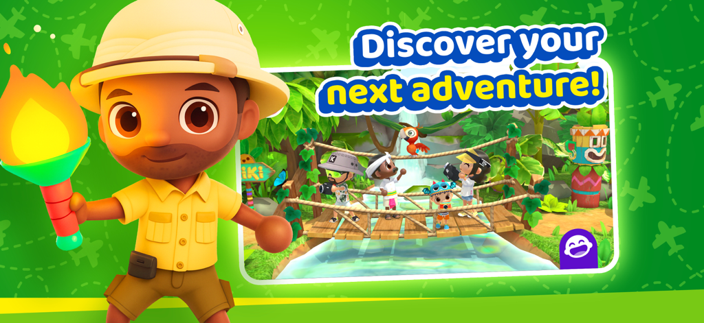 World Travel Stories - Airport - Personaggio esploratore dei cartoni animati che tiene una torcia in un'ambientazione di giungla con un ponte.