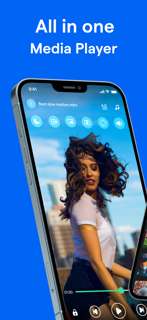 MX Player - Media Video Player - iPhone screen showing MX Player interface with All in one Media Player text and MKV video playback.