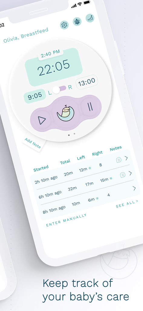 Cubtale Baby Tracker - Cubtale App-Screenshot, der einen Still-Timer und ein Aktivitätsprotokoll zeigt