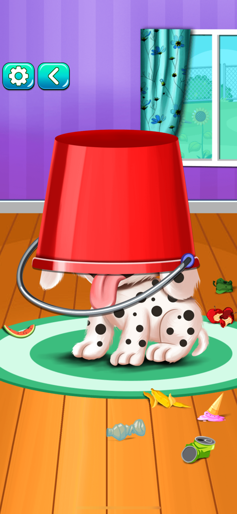 My Puppy Daycare Salon - Ein niedlicher Dalmatiner-Welpe mit dem Kopf in einem roten Eimer in einem unordentlichen Raum