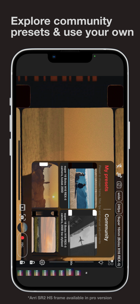 A smartphone showing the Super 16 camera app with a menu of vintage film presets and manual recording controls
