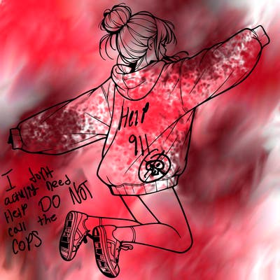 realistic girl jumping with a bun and oversized sweatshirt