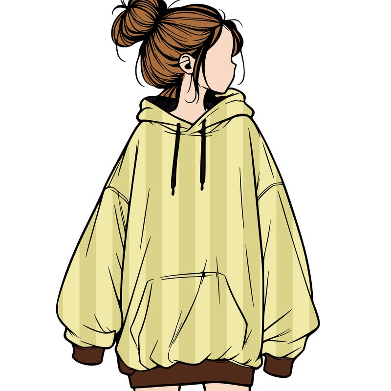 realistic girl with a oversized sweatshirt on and a bun