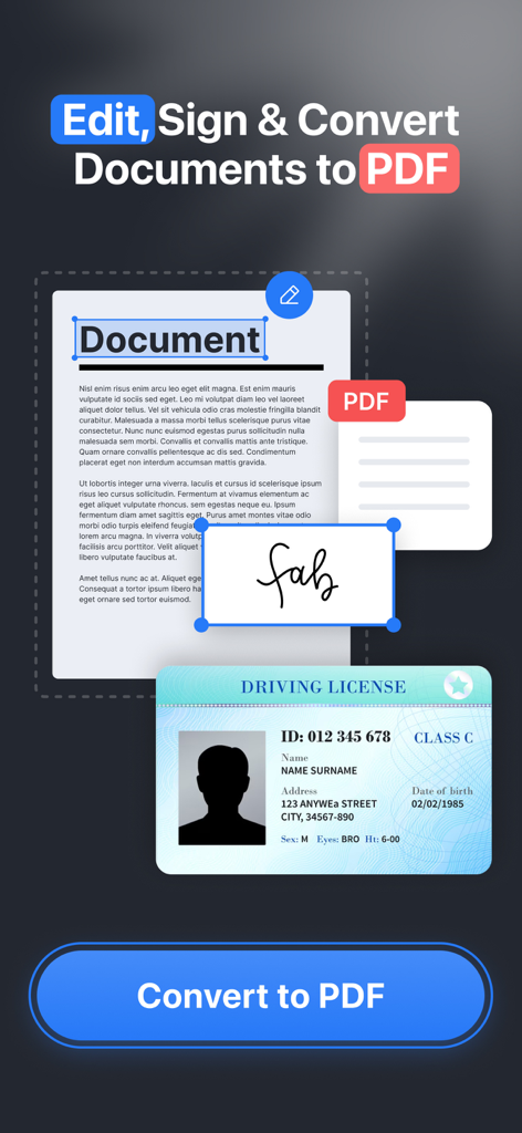 PDF Scanner: Photo JPG to PDF - Interfaz de aplicación móvil para editar, firmar y convertir documentos o tarjetas de identificación a PDF