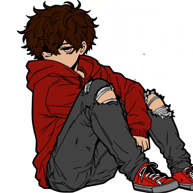 a male hoddie ripped jeans messy hair anime