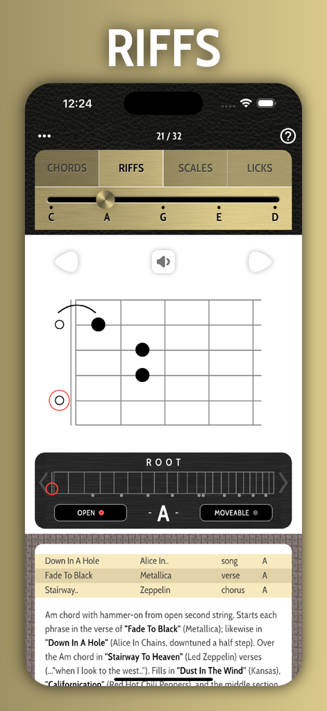 Gitarrenriff-Diagramm in der App 'Die Bausteine des Rock', das Songbeispiele von Metallica und Led Zeppelin zeigt.