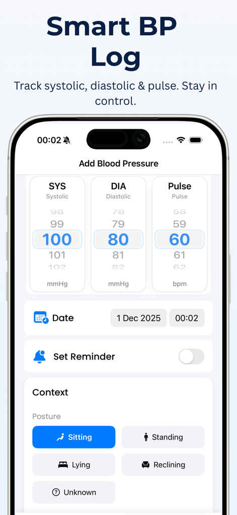 Blood Pressure Monitor, Log - Interfaz para añadir datos de presión arterial incluyendo sistólica, diastólica y pulso con opciones de contexto de postura