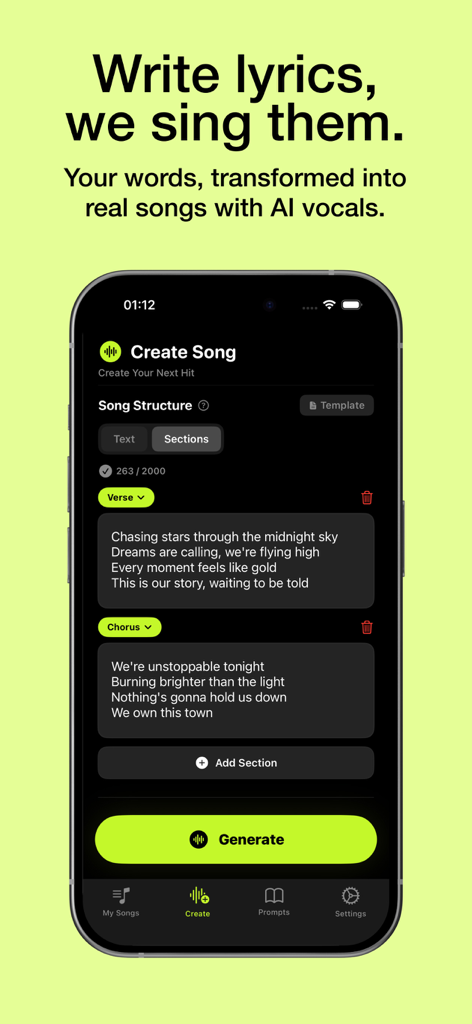 AI Song Generator & Make Music - AI song generator app interface for writing lyrics and structuring song sections