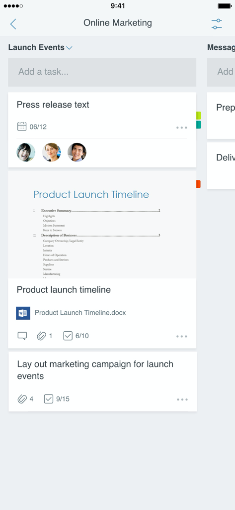Microsoft Planner - Interface mobile de Microsoft Planner montrant un tableau de tâches pour un projet de marketing en ligne avec les affectations d'équipe et les pièces jointes