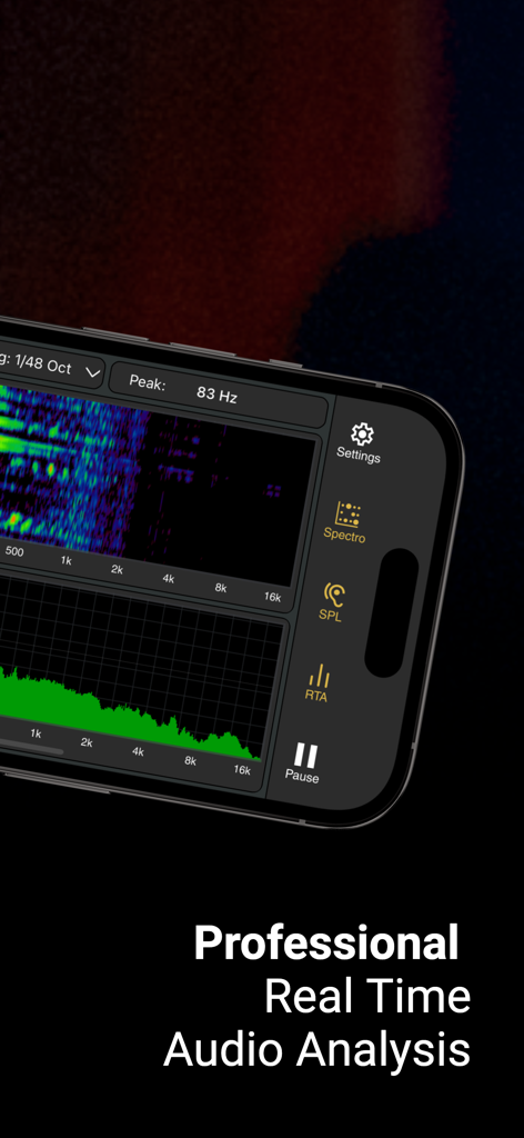 iPhone screen displaying Smaart RTA spectrograph and frequency analyzer