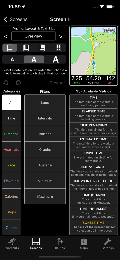 WorkOutDoors iPhoneアプリでのApple Watchワークアウト画面とデータフィールドのカスタマイズ用インターフェース