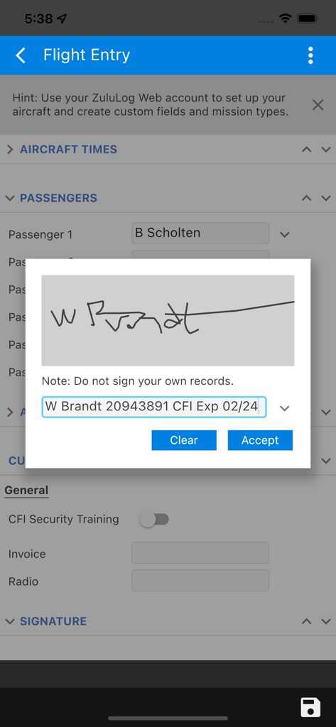 ZuluLog Pilot Logbook and EFB - Digital signature interface for flight instructor endorsement in the ZuluLog app