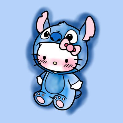 little cute hello kitty, blushing with little stitch costume