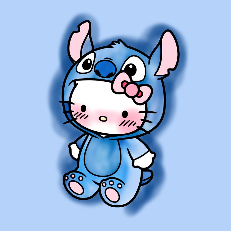 little cute hello kitty, blushing with little stitch costume