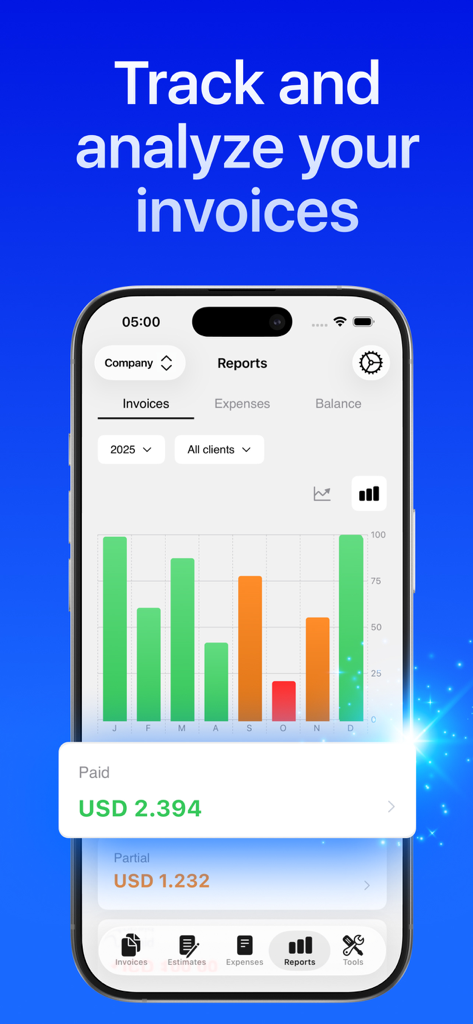 Panel de la aplicación InvoiceGo que muestra el seguimiento de facturas mensuales con un gráfico de barras y totales de pago