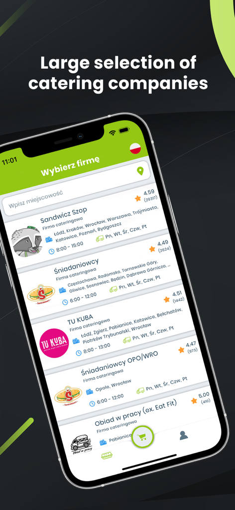 Smartphone displaying the KanapkaMan app interface with a list of catering vendors and their customer ratings
