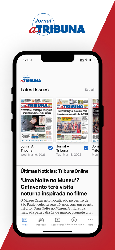 Pantalla de inicio de la aplicación de noticias A Tribuna Digital mostrando las últimas ediciones del periódico y artículos en línea.