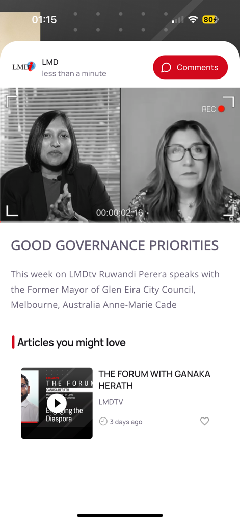LMDi - LMDi news app screen showing a video interview and business articles.