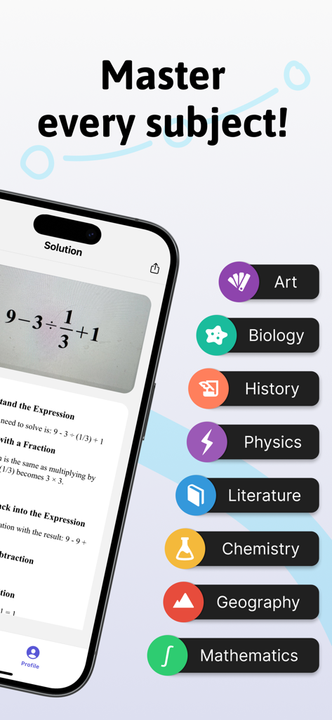 Homework Helper & Question Ai - Pantalla del smartphone mostrando una solución matemática paso a paso junto con una lista de materias escolares que incluyen Biología, Historia y Física