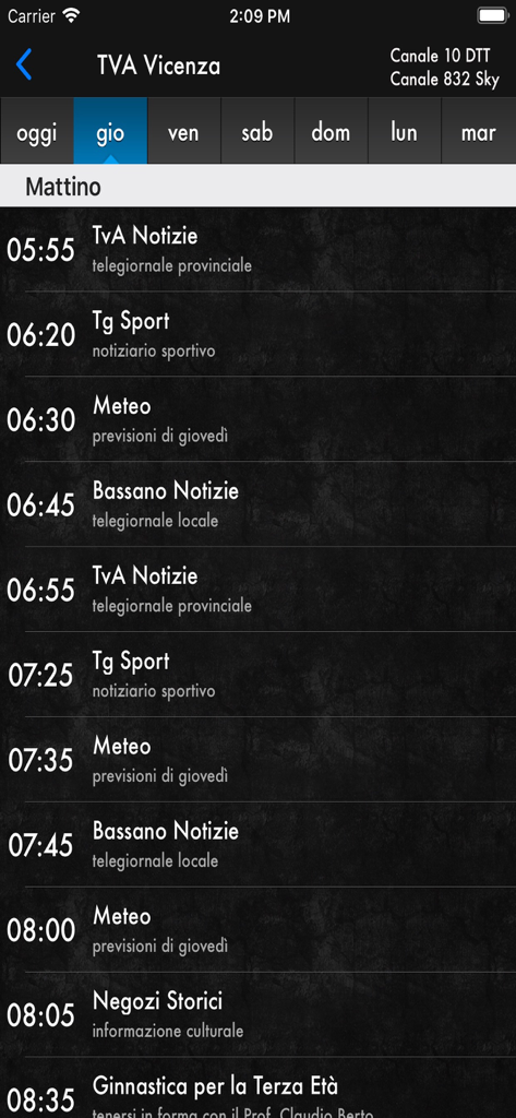 TVApp - Programmazione giornaliera del palinsesto TV di TVA Vicenza sull'interfaccia mobile di TVApp