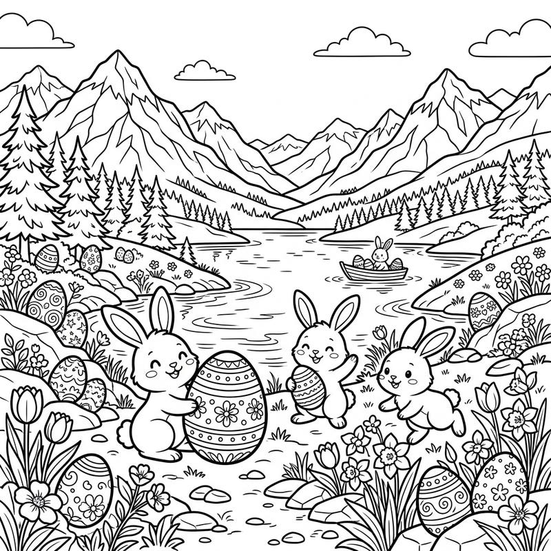 Celebrate Easter with this delightful coloring page featuring playful bunnies amidst a beautiful alpine lake scene. Kids will love coloring the decorated eggs, spring flowers, and charming mountain landscape.