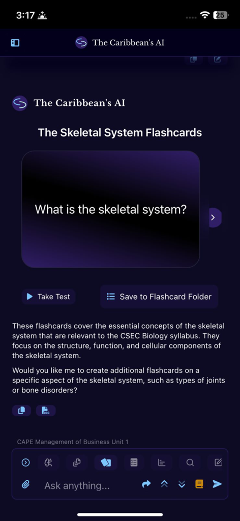 The Caribbean's AI - Una tarjeta de estudio para el sistema esquelético en la aplicación La IA del Caribe para la preparación del examen de Biología de CSEC.